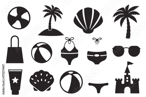 Collection of beach themed silhouettes, including swimwear, sunglasses, and sandcastle