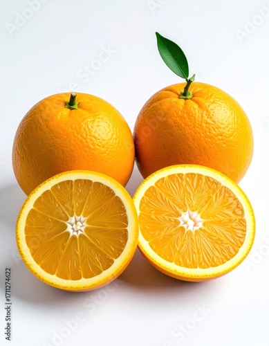 Two whole oranges and two halved oranges, one with a leaf, against a plain white background, highlighting the vivid colors and textures