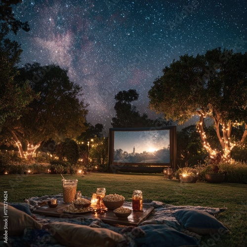 Magical outdoor movie night under starry sky with fairy lights and snacks.