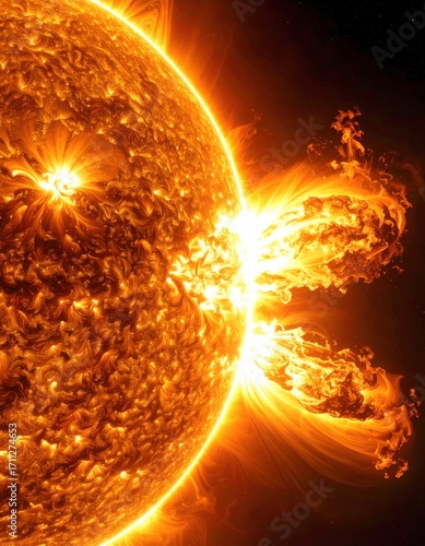 Dramatic solar flare erupts from the Sun's surface, glowing with intense orange and yellow energy against the darkness of space