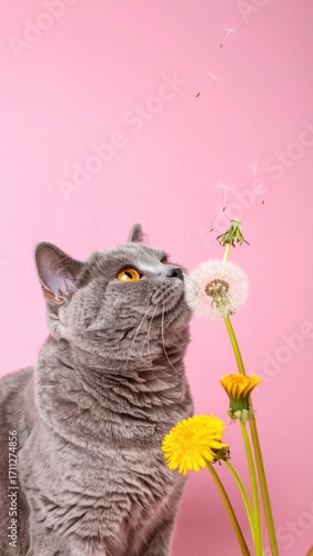 A gray cat smelling a white dandelion with seeds blowing off, against a solid pink background, with a yellow dandelion below