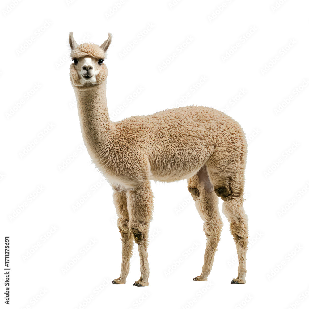 Obraz premium Alpaca standing An alpaca stands with its neck extended and its ears upright. full length isolate on transparent background