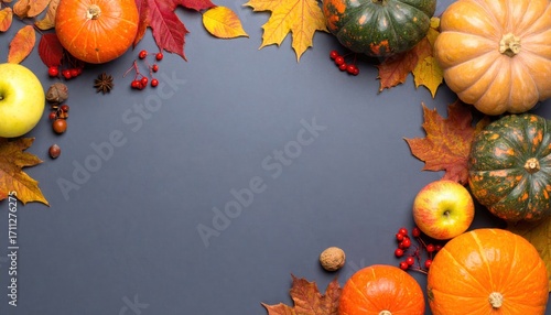 Autumnal arrangement with pumpkins, maple leaves, berries, nuts, and apples, encircling a dark gray background, creating a seasonal, cozy ambiance