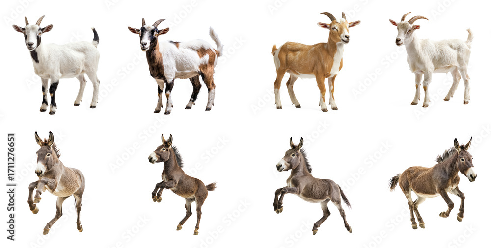 Fototapeta premium Collection of Goat standing A goat stands on all fours, head raised high, and tail curled upward. full length isolate on transparent background