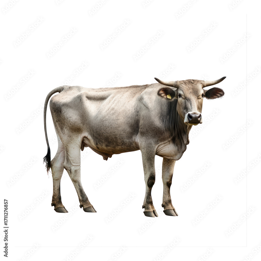 Obraz premium Cow standing A cow stands tall with its head held high, tail resting by its side. full length isolate on transparent background