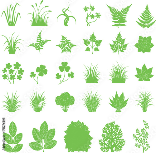 Green plant silhouettes, botanical foliage icons, nature leaf shapes, vector greenery set, eco design elements, garden clipart, flora illustration pack