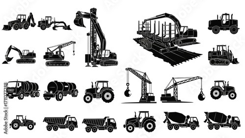 Black Silhouette Icon Set – Heavy Equipment, Construction, Farming, and Industrial Machines