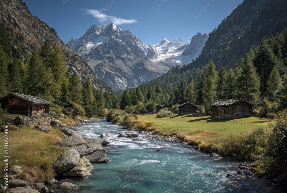 Naklejka premium Alpine valley vista with a fast flowing stream and rocky, grassy banks leading to snow-capped mountains under a clear blue sky