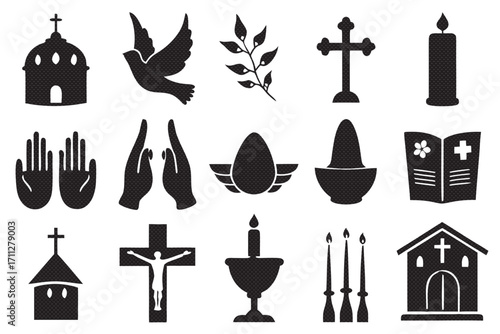 Christian symbols featuring church, dove, cross, candle, hands, egg, bible, and chalice in simple black silhouette style