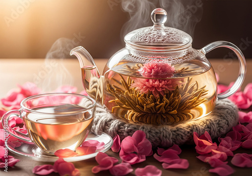 Exquisite Blooming Flower Tea Set Glass Teapot, Tea Cup and Rose Petals. Perfect Relaxing Beverage.