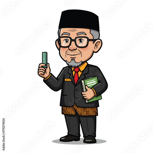 Vector cartoon of Ki Hajar Dewantara, Indonesia's education pioneer, wearing a suit, peci, and glasses, holding chalk and a book, symbolizing wisdom and knowledge.