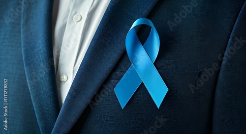 Blue awareness ribbon on a dark blue business suit, symbolizing support for health and social causes