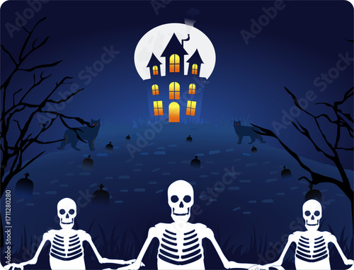 Happy Halloween, with Halloween background with haunted house, full moon and trees