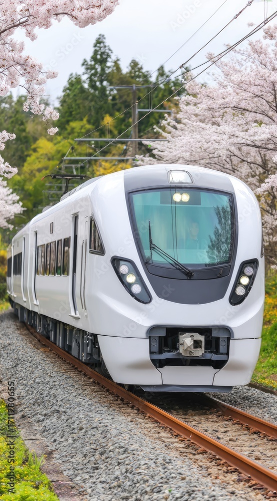 Naklejka premium White train on tracks, cherry blossoms in background