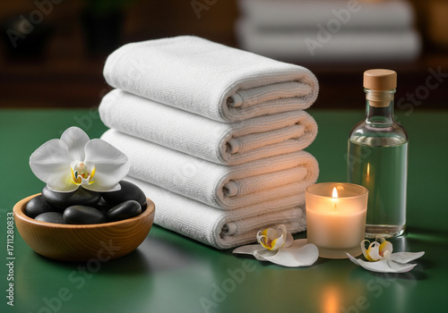 Spa Relaxation White Towels, Orchid, Massage Oil, Candle, Zen Stones, Wellness, Therapy, and Calm.