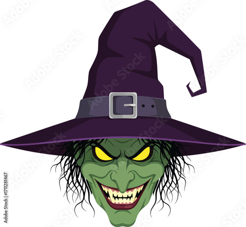 Cartoon Witch Head with Pointed Hat Yellow Eyes and Fanglike Teeth.