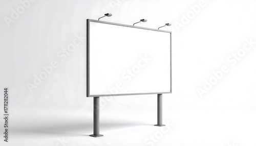Blank billboard, gray metal frame,  white background.  Large rectangular advertising panel, supported by two gray metal posts, lit by three small lights mounted above.  Studio shot, product mock-up