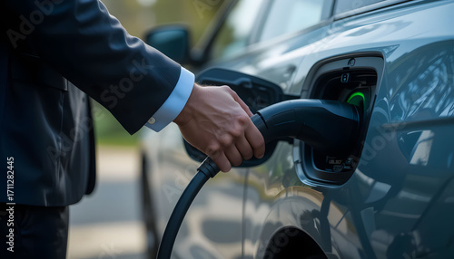 A professional businessman in a suit charges his electric vehicle before heading to work, symbolizing a modern, efficient, and eco-conscious lifestyle.