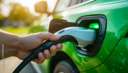 A hand holds a modern EV charging cable in a positive and eco-friendly atmosphere, with a blurred electric car in the background.