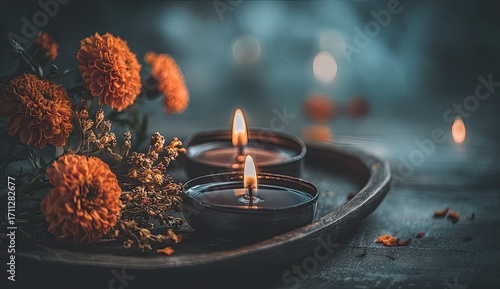 Two lit candles in dark-colored bowls, surrounded by orange marigold flowers and dried herbs, on a rustic wooden tray