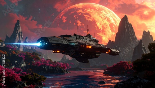 Fototapeta Naklejka Na Ścianę i Meble -  Futuristic spaceship over alien landscape with fiery planet