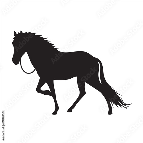 A modern flat design black and white vector silhouette of horse, presented timelessly and elegantly with simple two-dimensional shapes on a pure white background