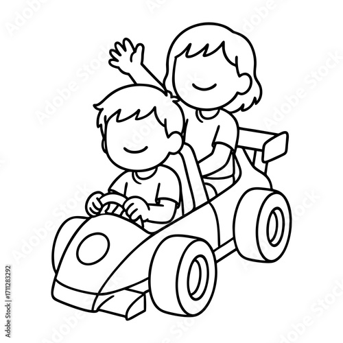 Children Driving Go-kart with Waving Girl Line Art Vector