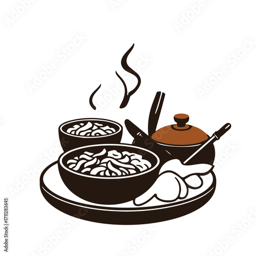 A cast bronze surface featuring a classic black and white vector-style silhouette of Korean food, rendered with a timeless, elegant, and antique patina finish on a clean white background.