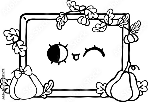Cute Autumn Back to School Outline, Chalkboard with Pumpkins and leaves illustration