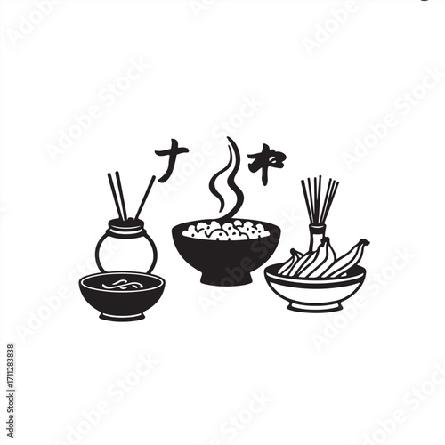 A cast bronze surface with a classic black and white vector silhouette of Korean food, exhibiting timeless elegance, an antique feel, and a patina finish, on a white background.