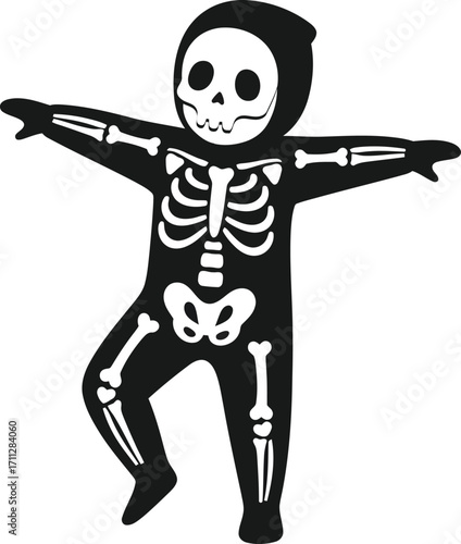 Playful Skeleton Costume with Arms Outstretched in a Cheerful Pose.