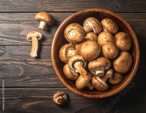 A pile of mushrooms in a bowl. on a wooden table. top view