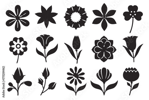 Set of flower icons includes various flower shapes, leaves, and buds illustration in black silhouette