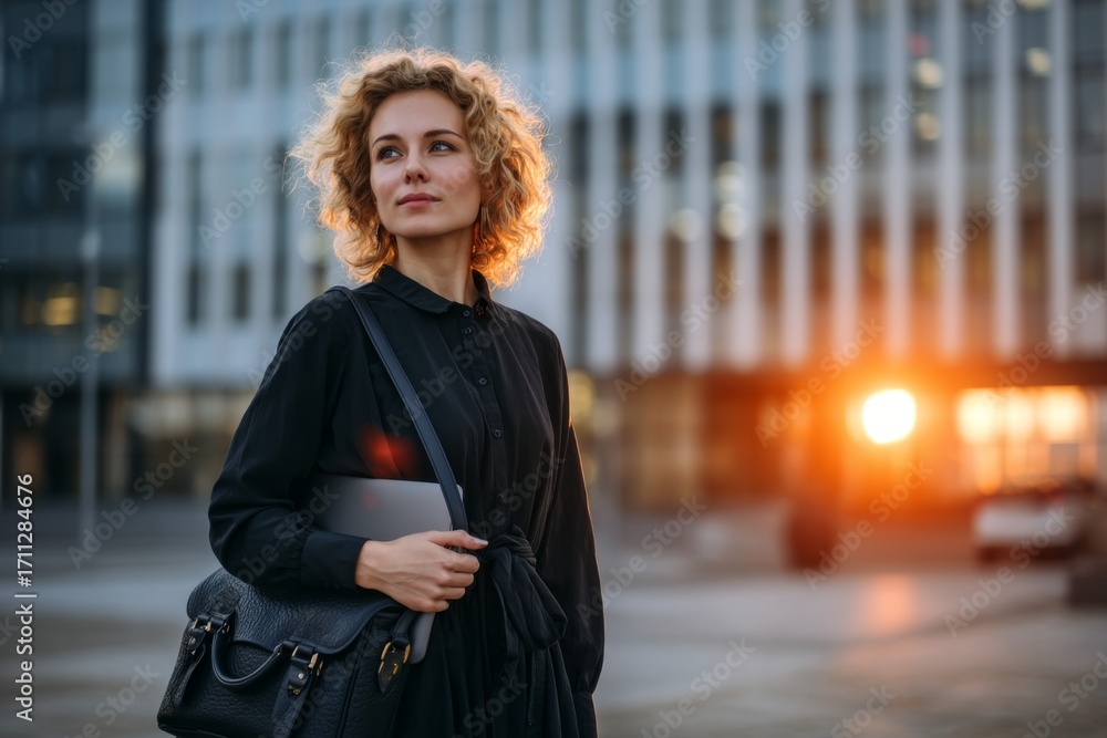 Fototapeta premium Caucasian young adult female professional with blonde curly hair in urban sunset setting