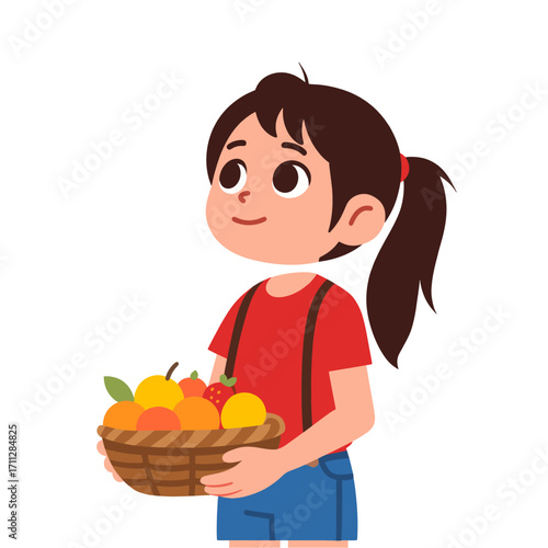Young Girl Holding Basket of Fresh Fruit Simple Vector
