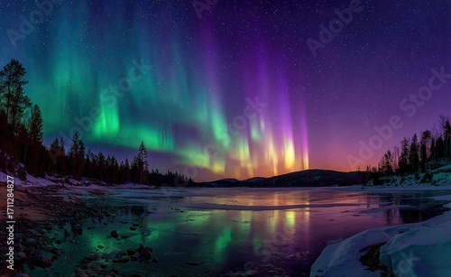 Wallpaper Mural Northern lights dance above a frozen lake at twilight, reflected in the ice. Forest silhouette and snow patches frame a vibrant, starry sky Torontodigital.ca