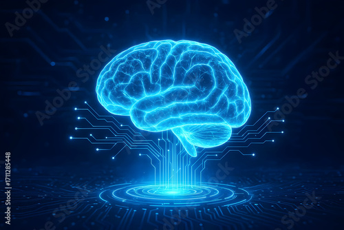 2. A futuristic artificial intelligence hologram, glowing blue circuits, digital brain with neural connections, sci-fi background, ultra-realistic, high resolution, stock photo style