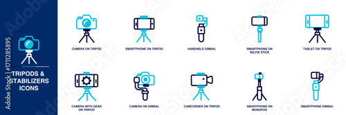 Tripods & Stabilizers Blue Colored Outline Icon Set