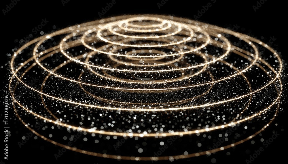 Fototapeta premium Golden rings, circles, and particles on black background