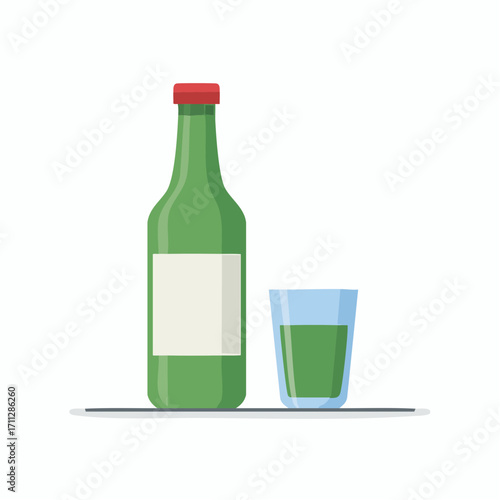 Green bottle of a distilled spirit with a blank label and a full shot glass, representing a traditional East Asian alcoholic drink