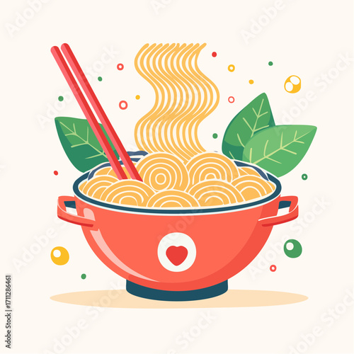 Delicious Noodles in a Red Bowl with Chopsticks, Leafy Greens, and Colorful Accents