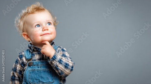 A curious toddler with blonde hair, wearing a plaid shirt and denim overalls, looking up thoughtfully with a hand on their chin.