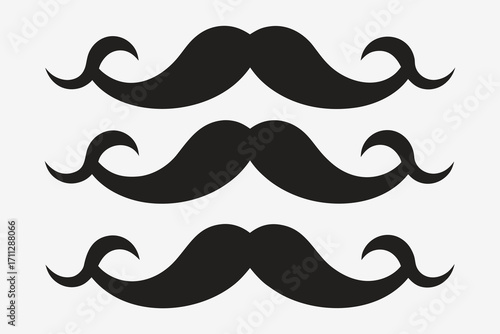 Three stylized black handlebar mustaches arranged vertically on a white background