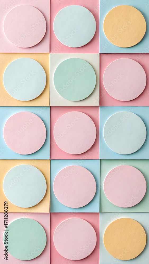 Fototapeta premium Collage of Squares & Circles in Gentle Pastels. Pastel paper collage of squares and circles—crafty, clean, soothing design.
