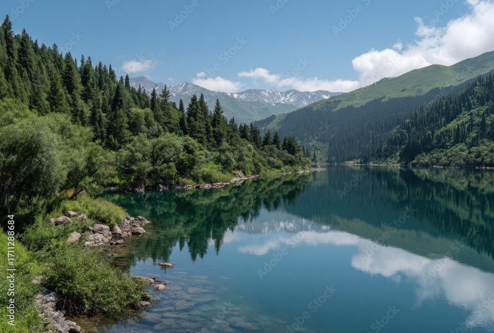 Fototapeta premium Tranquil alpine lake surrounded by verdant forests and distant snow-capped mountains under a bright, sunny sky with scattered white clouds