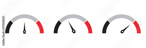 Low Medium High Colour Speedometer Vector Set — Dashboard Tachometer and Performance Indicator Icons.