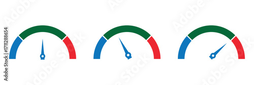 Low Medium High Colour Speedometer Vector Set — Dashboard Tachometer and Performance Indicator Icons.