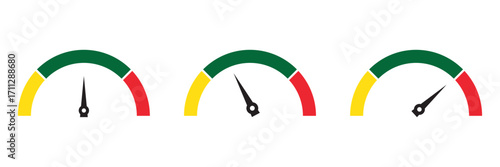 Low Medium High Colour Speedometer Vector Set — Dashboard Tachometer and Performance Indicator Icons.