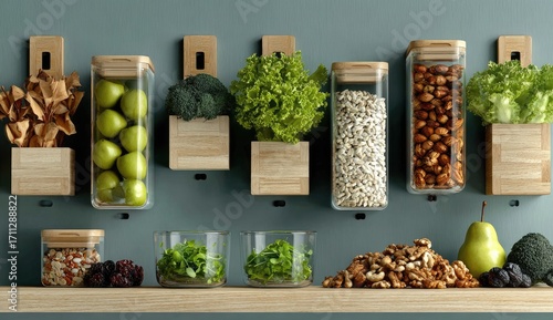 Healthy food storage containers on a wall