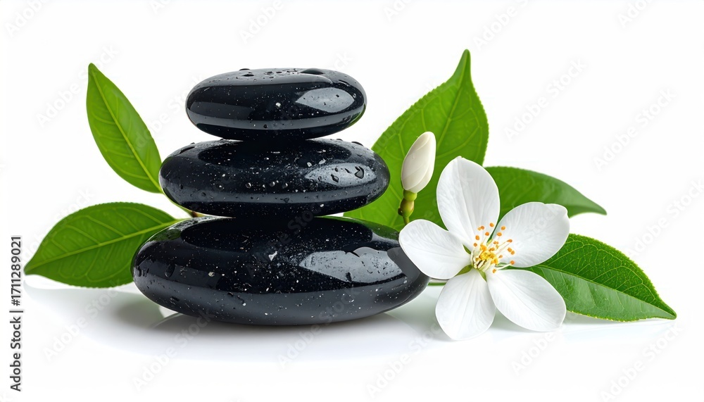 Obraz premium Stacked black stones, some wet, surrounded by vivid green leaves and a delicate white flower with an orange center on a white surface